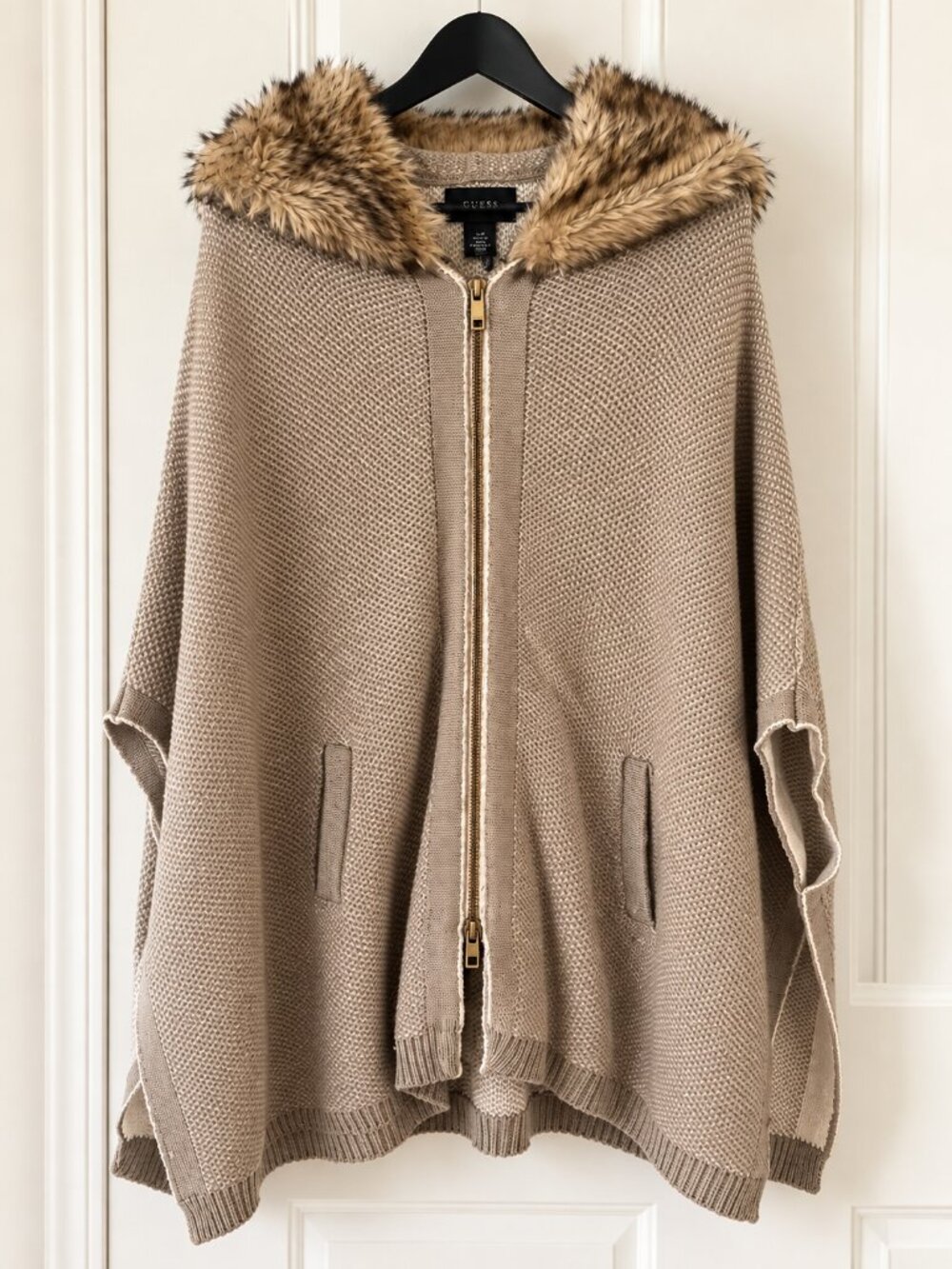 GUESS Faux Fur Hooded Knit Poncho Cape